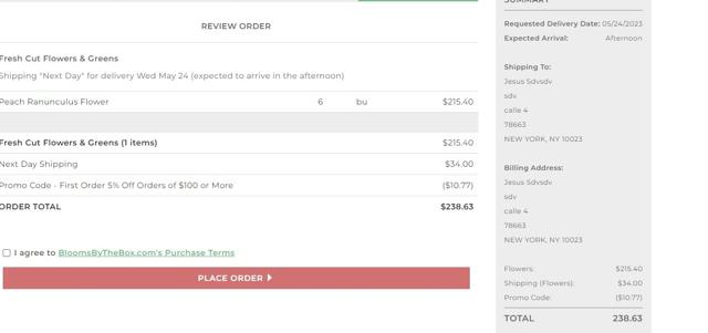 BloomsByTheBox checkout page showing BloomsByTheBox promo code box | Screenshot taken by SimplyCodes community member on May 16, 2023