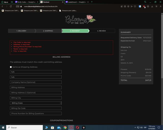 BloomsByTheBox checkout page showing BloomsByTheBox promo code box | Screenshot taken by SimplyCodes community member on Oct 6, 2023