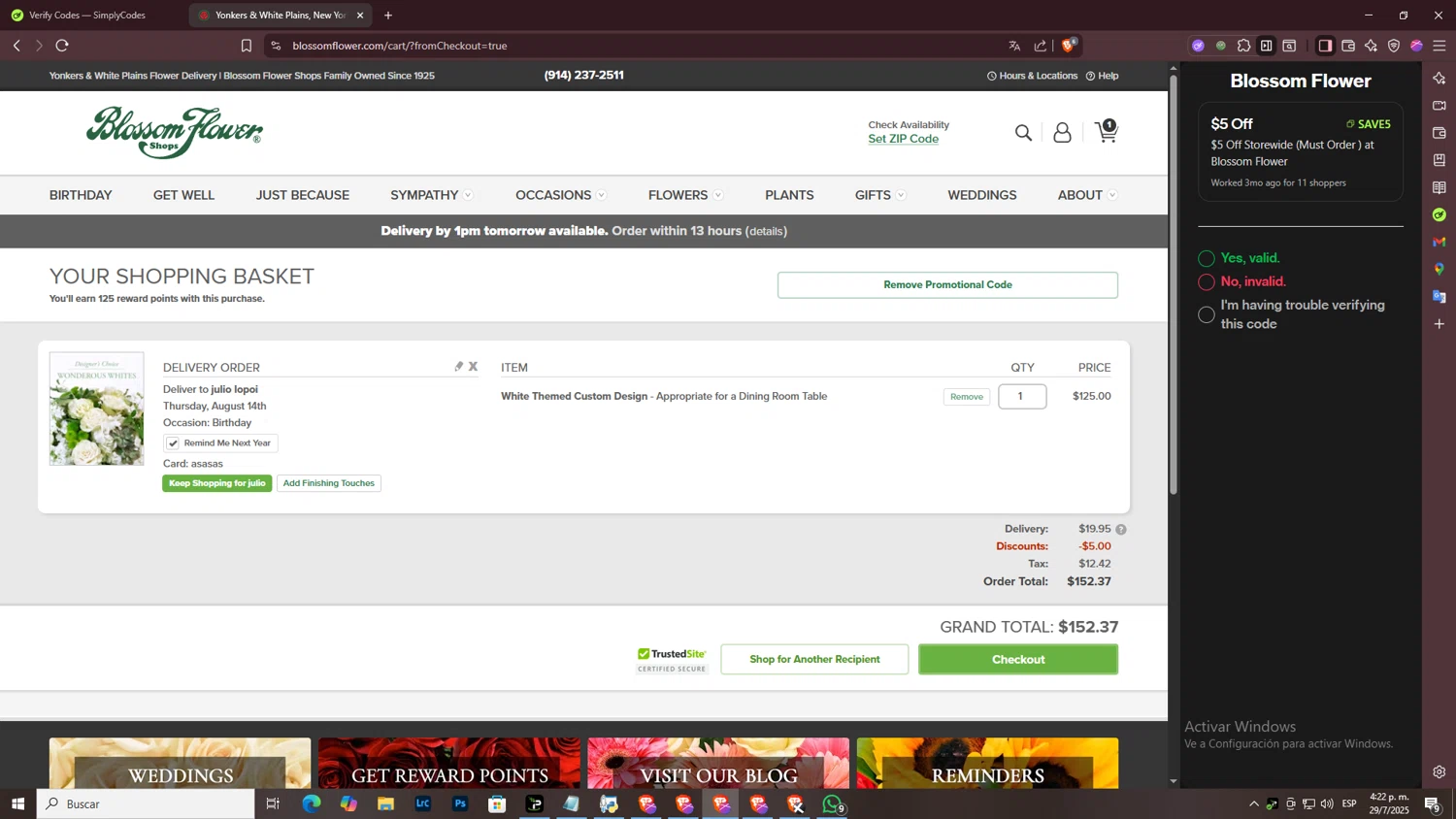 Blossom Flower promo code screenshot showing code SAVE5 applied at Blossom Flower checkout page. Uploaded by SimplyCodes community member ArtPOPO on Jul 29, 2025