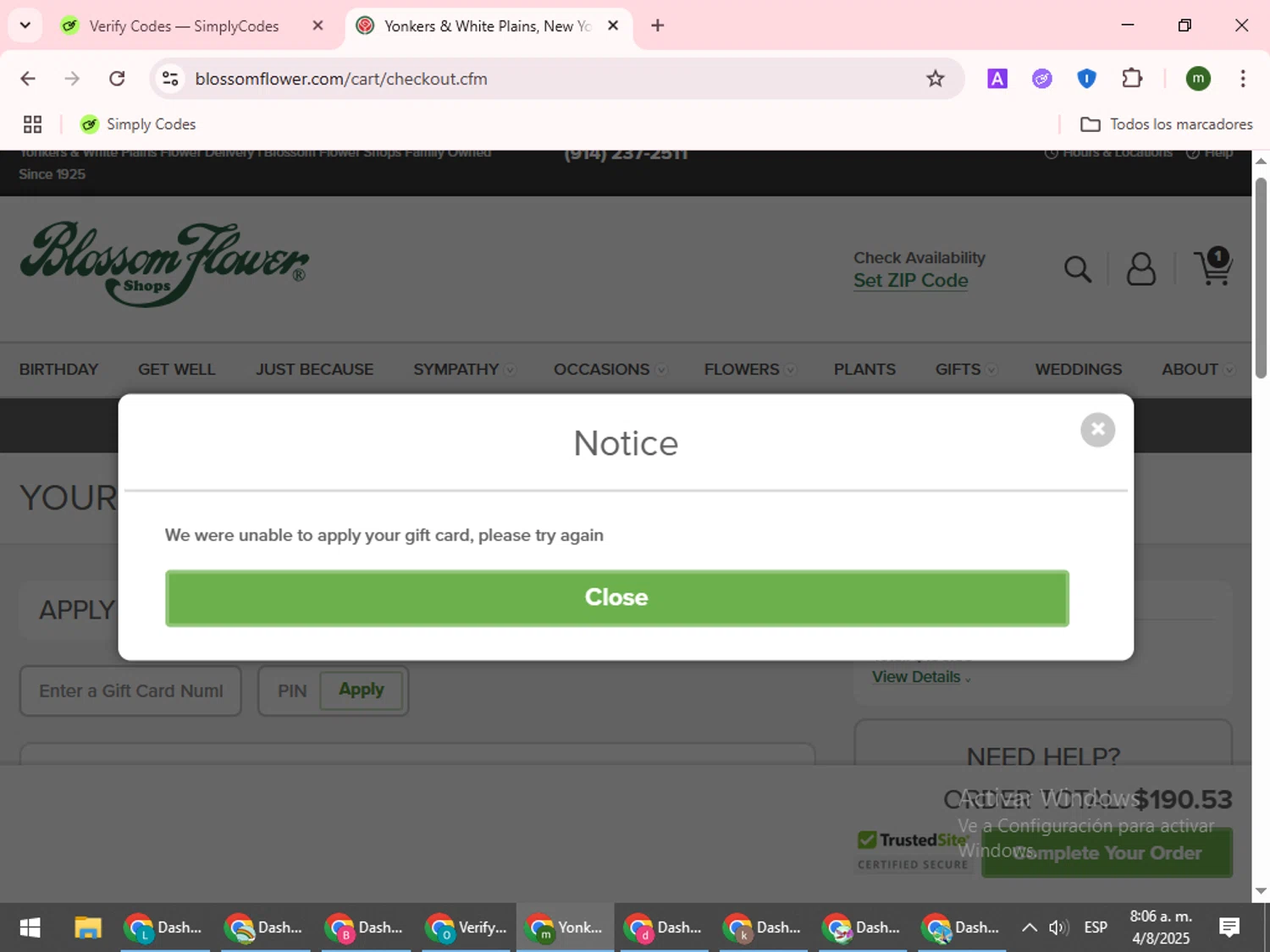 Blossom Flower promo code screenshot showing code local5 applied at Blossom Flower checkout page. Uploaded by SimplyCodes community member VoucherCollector9196 on Aug 4, 2025