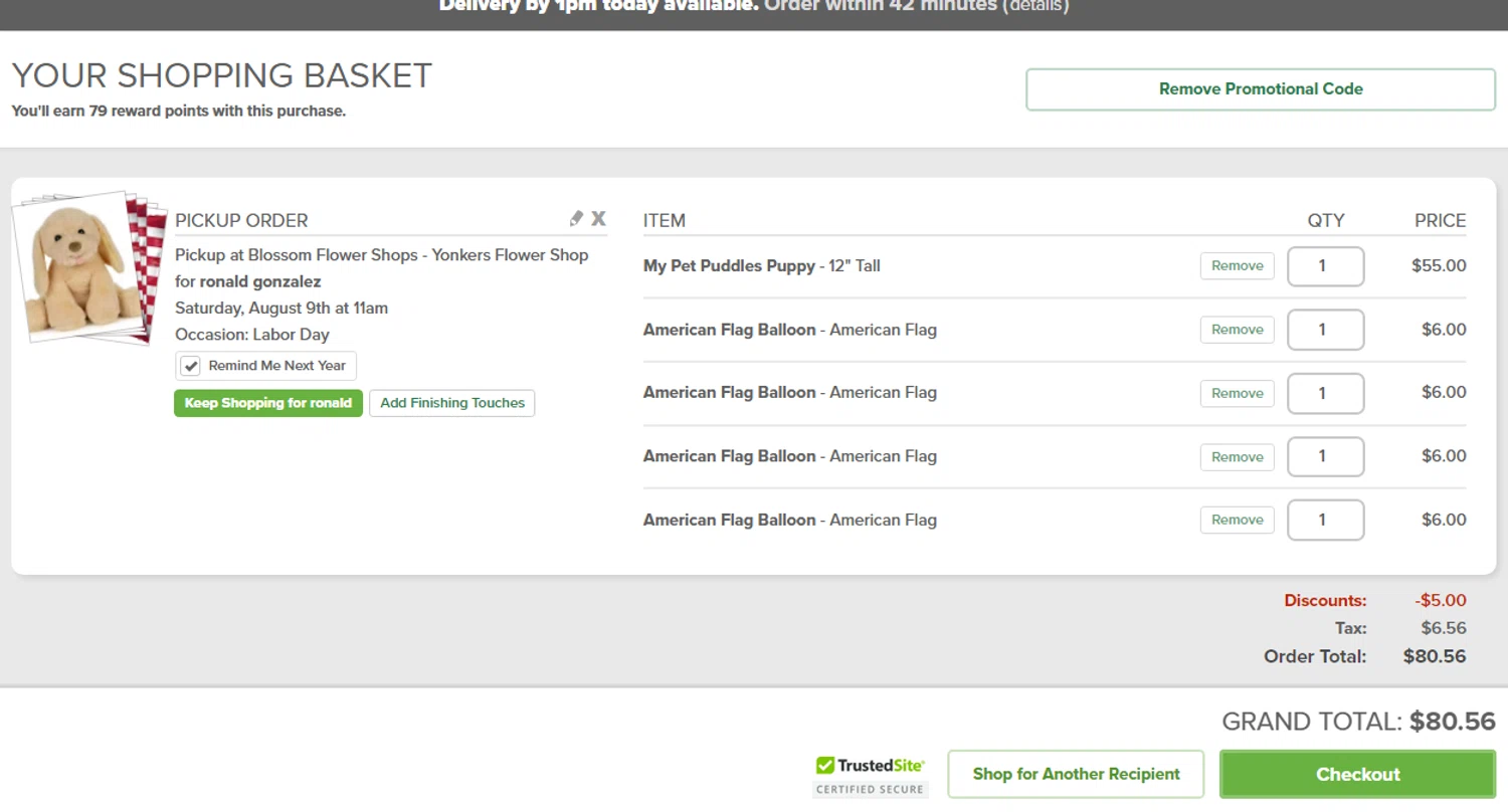 Blossom Flower promo code screenshot showing code local5 applied at Blossom Flower checkout page. Uploaded by SimplyCodes community member Yuskecoder426913 on Aug 4, 2025