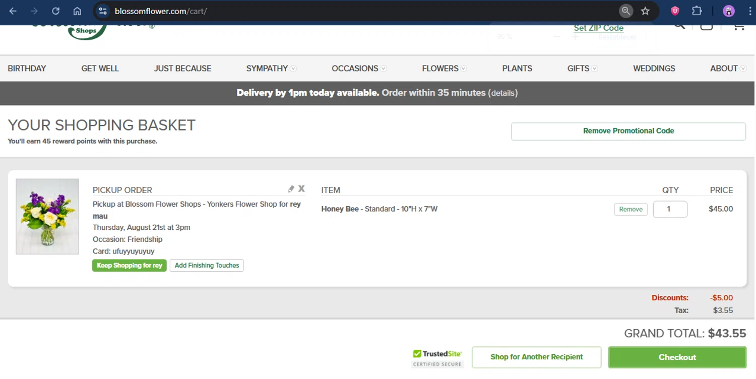 Blossom Flower promo code screenshot showing code local5 applied at Blossom Flower checkout page. Uploaded by SimplyCodes community member rapc3030 on Aug 4, 2025
