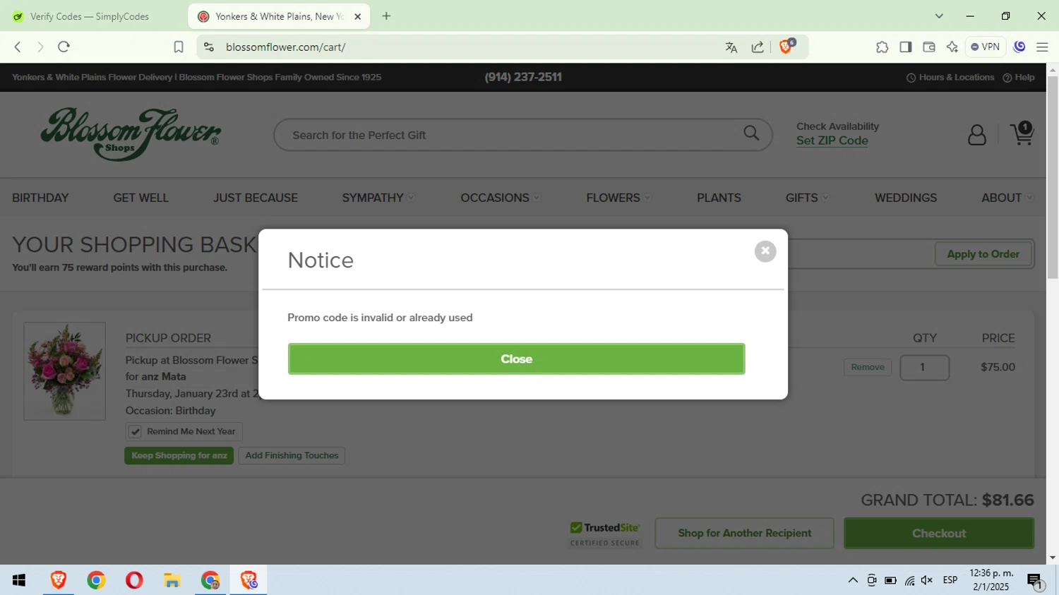 Blossom Flower promo code screenshot showing code MATTERS applied at Blossom Flower checkout page. Uploaded by SimplyCodes community member RebateWizard4874 on Jan 2, 2025