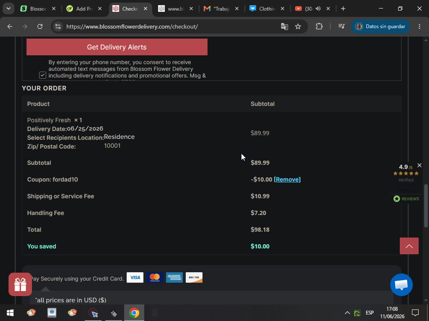 Blossom Flower Delivery promo code screenshot showing code FORDAD10 applied at Blossom Flower Delivery checkout page. Uploaded by SimplyCodes community member MarcosAranguren on Jun 11, 2026