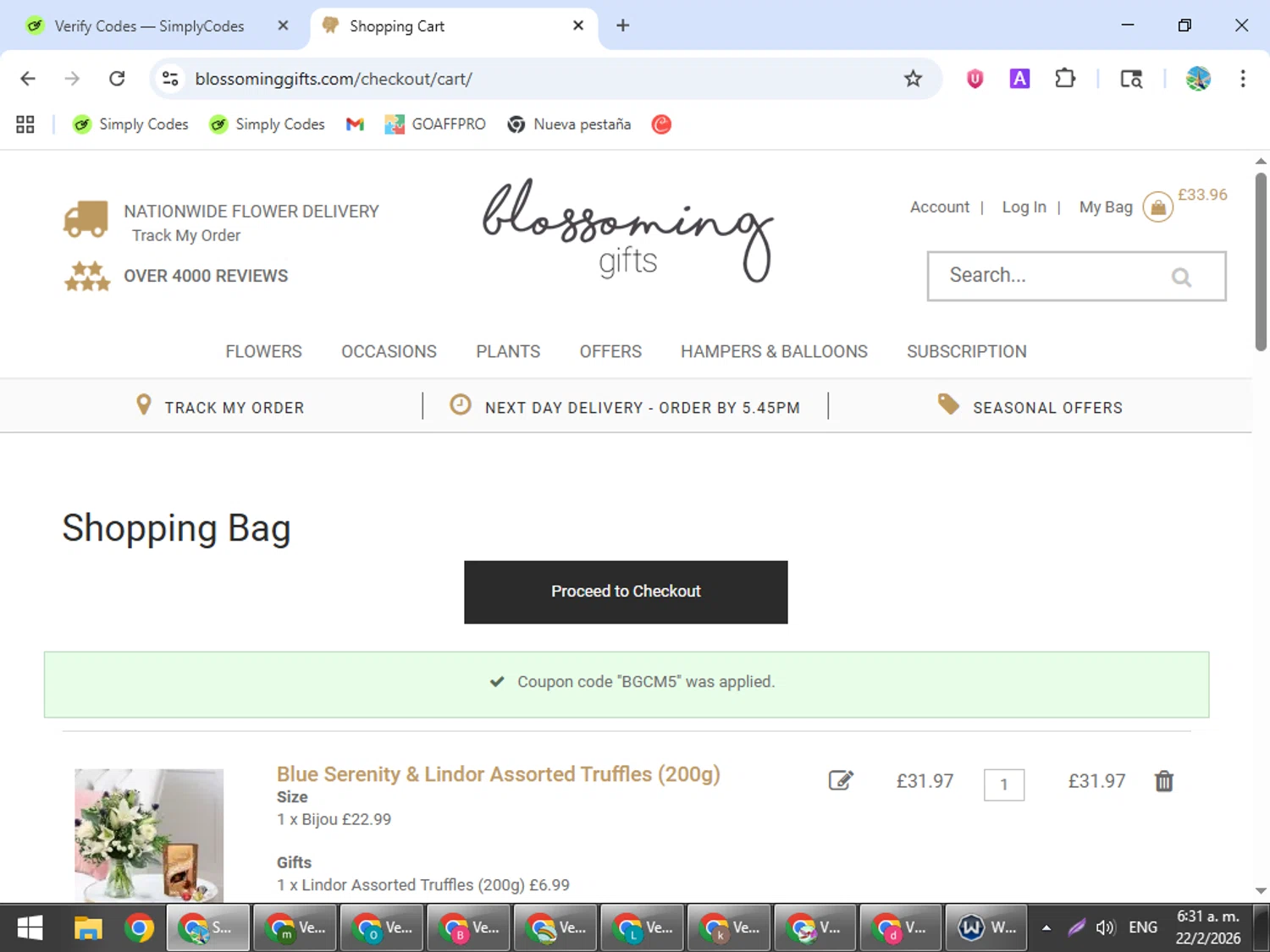 Blossoming Gifts checkout page showing Blossoming Gifts discount code box | Screenshot taken by SimplyCodes community member on Feb 22, 2026