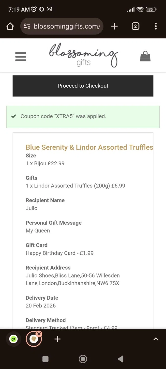 Blossoming Gifts checkout page showing Blossoming Gifts discount code box | Screenshot taken by SimplyCodes community member on Feb 17, 2026