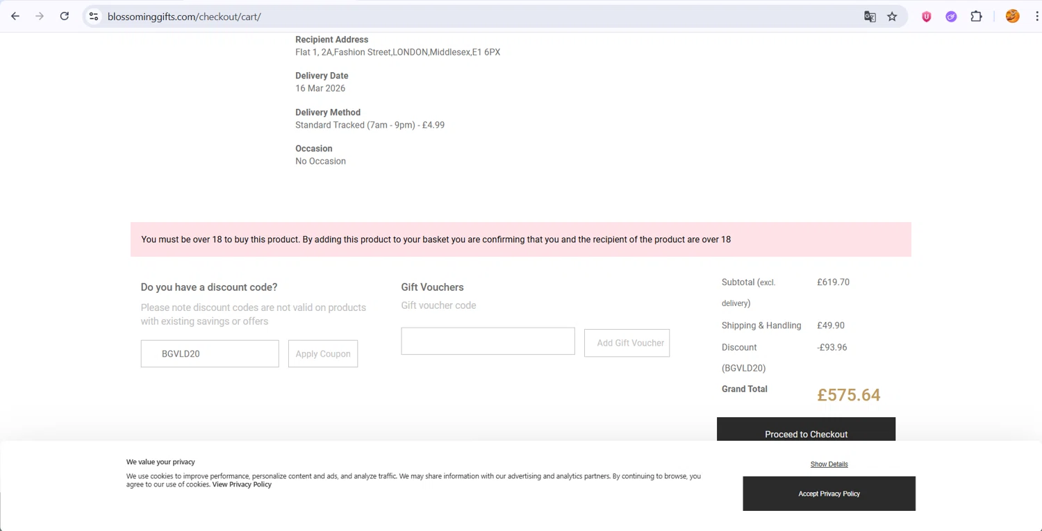 Blossoming Gifts checkout page showing Blossoming Gifts discount code box | Screenshot taken by SimplyCodes community member on Feb 24, 2026