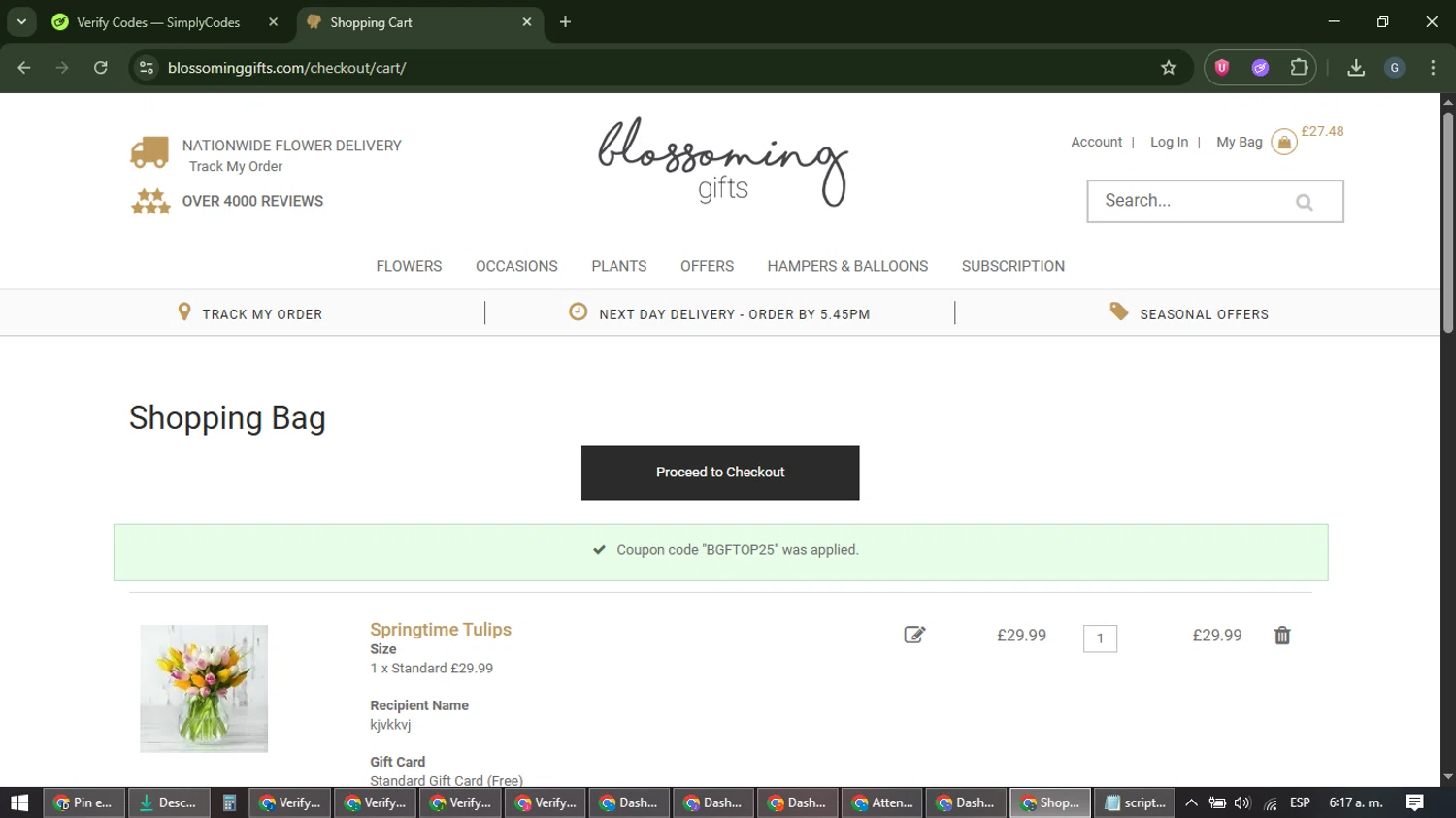 Blossoming Gifts checkout page showing Blossoming Gifts discount code box | Screenshot taken by SimplyCodes community member on Feb 18, 2026