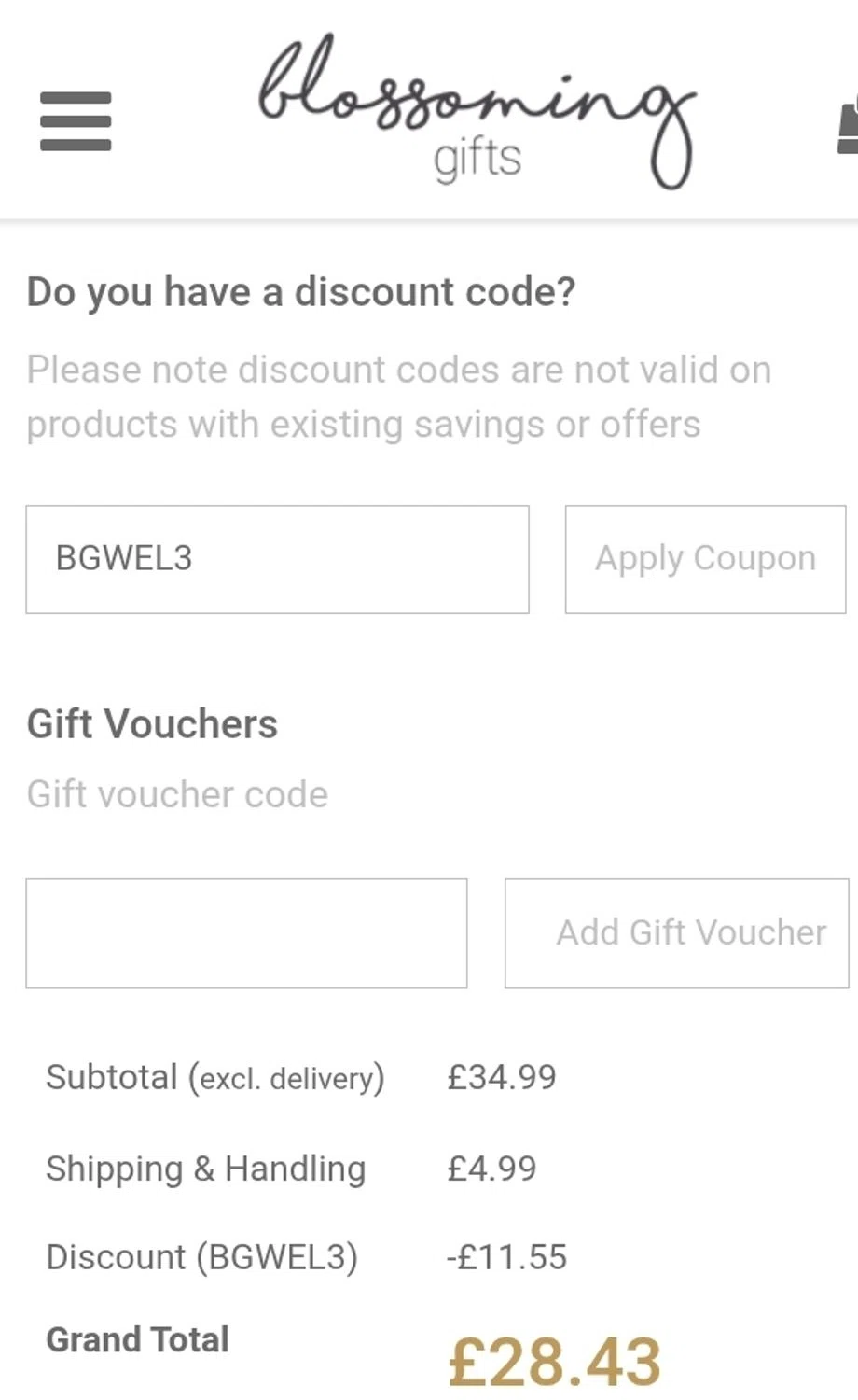 Blossoming Gifts discount code screenshot showing code BGWEL3 applied at Blossoming Gifts checkout page. Uploaded by SimplyCodes community member ValiantCurator3344 on Jan 15, 2026