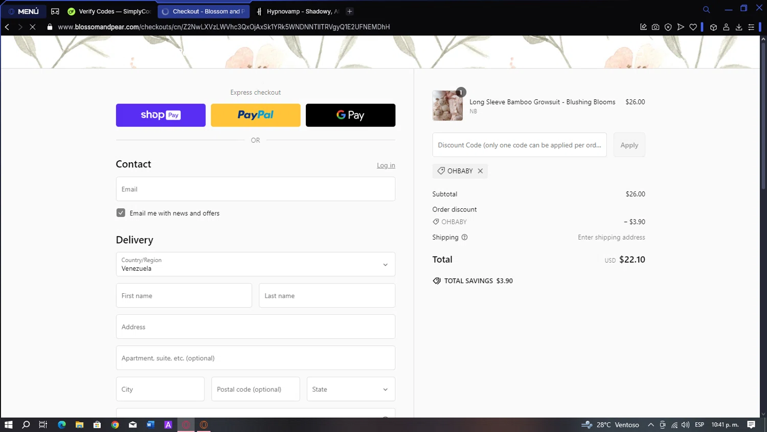 Blossom & Pear promo code screenshot showing code OHBABY applied at Blossom & Pear checkout page. Uploaded by SimplyCodes community member BATMANJA on Feb 25, 2025