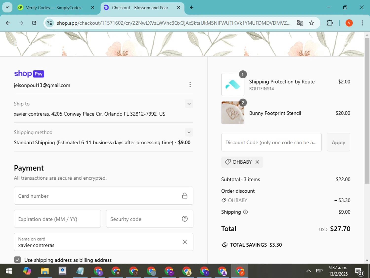 Blossom & Pear promo code screenshot showing code OHBABY applied at Blossom & Pear checkout page. Uploaded by SimplyCodes community member CodeMonarch8148 on Feb 13, 2025