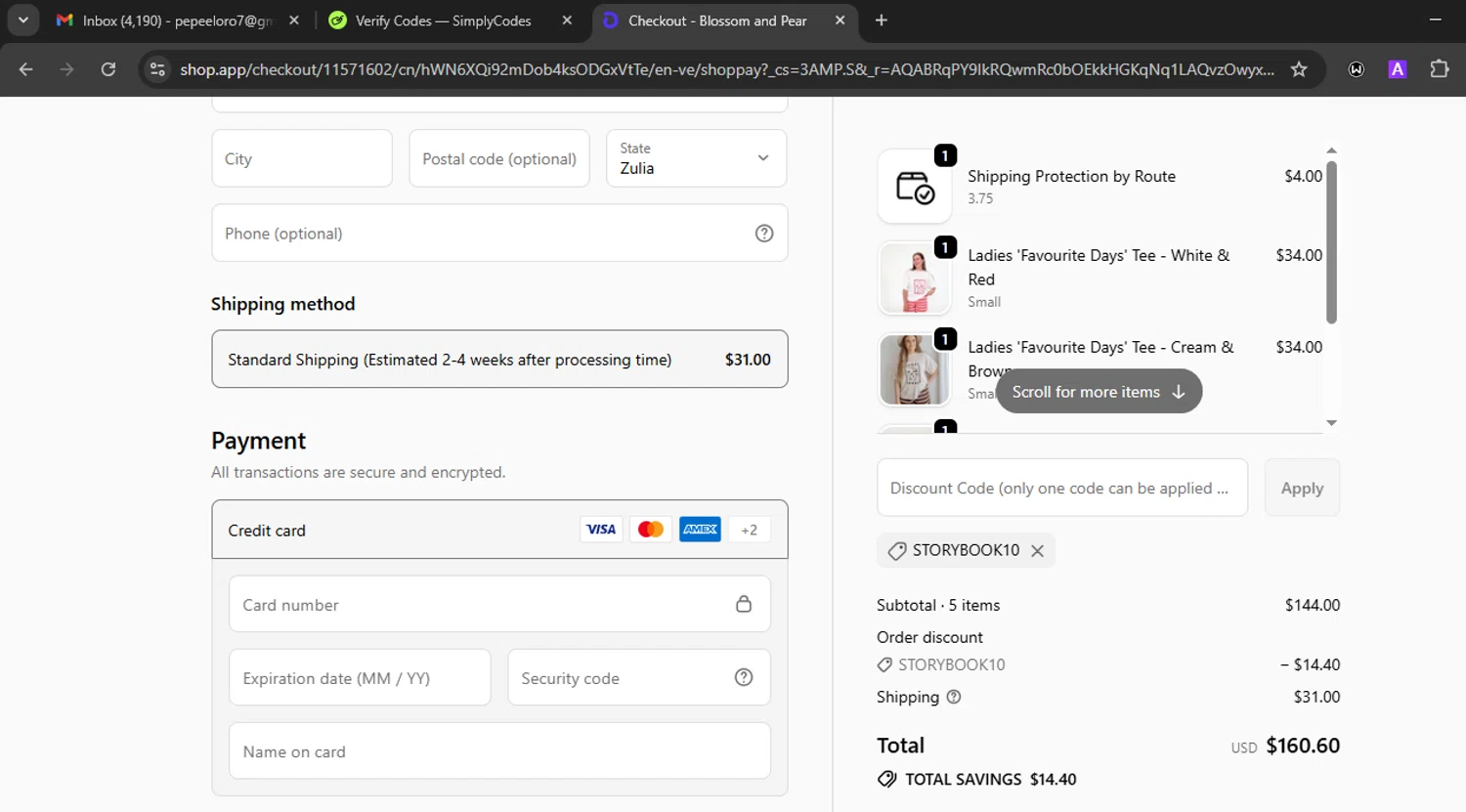 Blossom & Pear promo code screenshot showing code STORYBOOK10 applied at Blossom & Pear checkout page. Uploaded by SimplyCodes community member Eminem on Dec 17, 2025