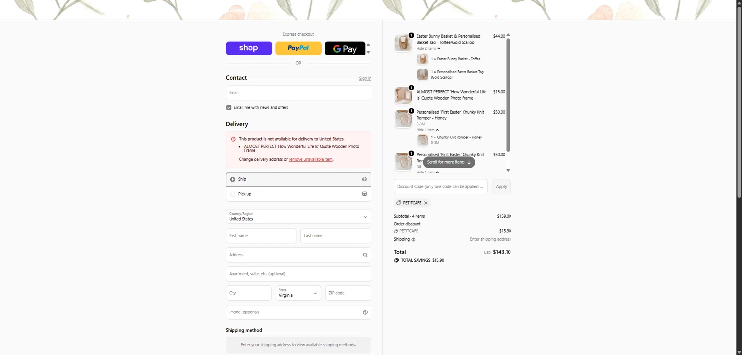 Blossom & Pear checkout page showing Blossom & Pear promo code box | Screenshot taken by SimplyCodes community member on Feb 5, 2026