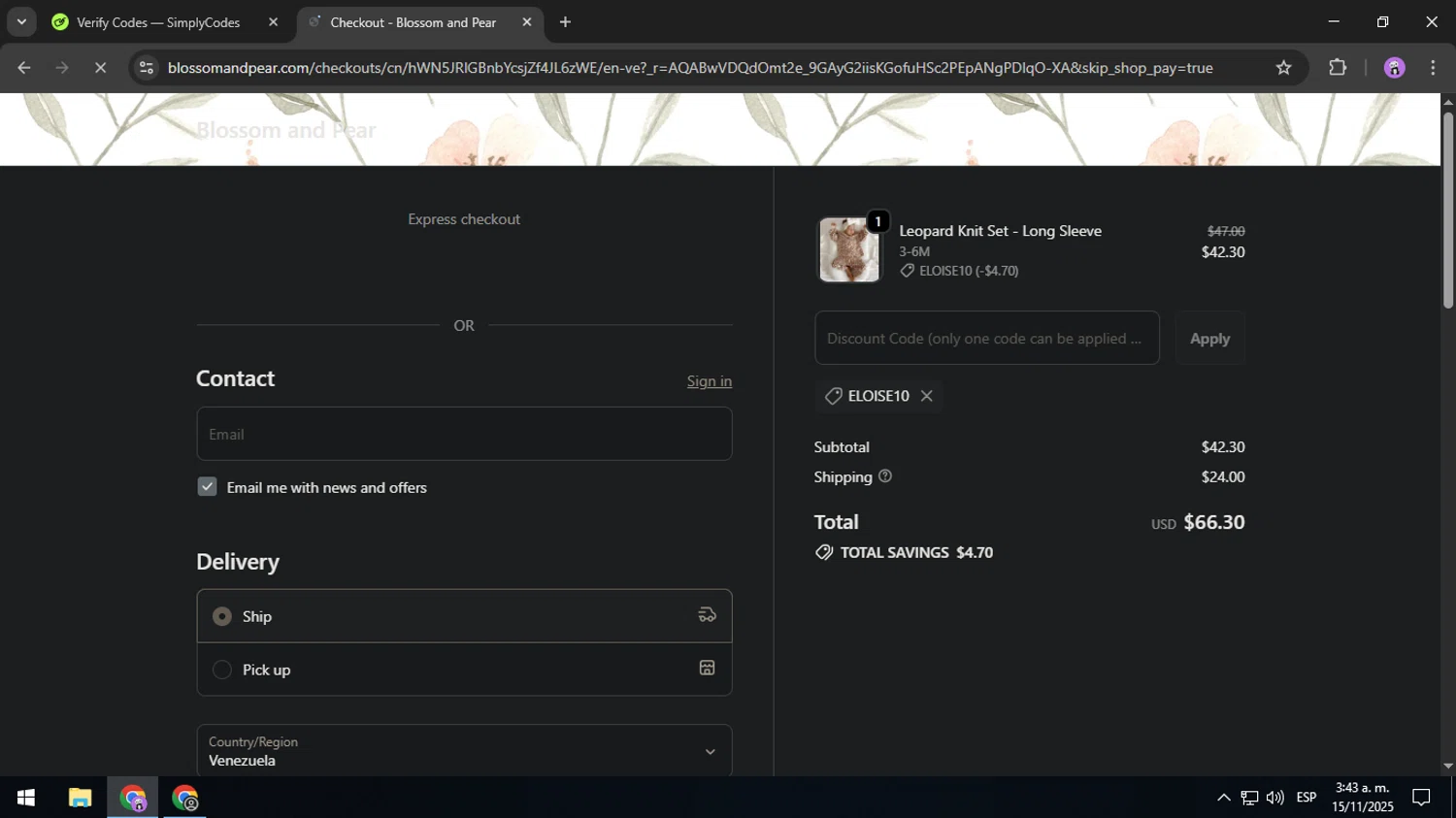 Blossom & Pear promo code screenshot showing code ELOISE10 applied at Blossom & Pear checkout page. Uploaded by SimplyCodes community member USERR1 on Nov 15, 2025