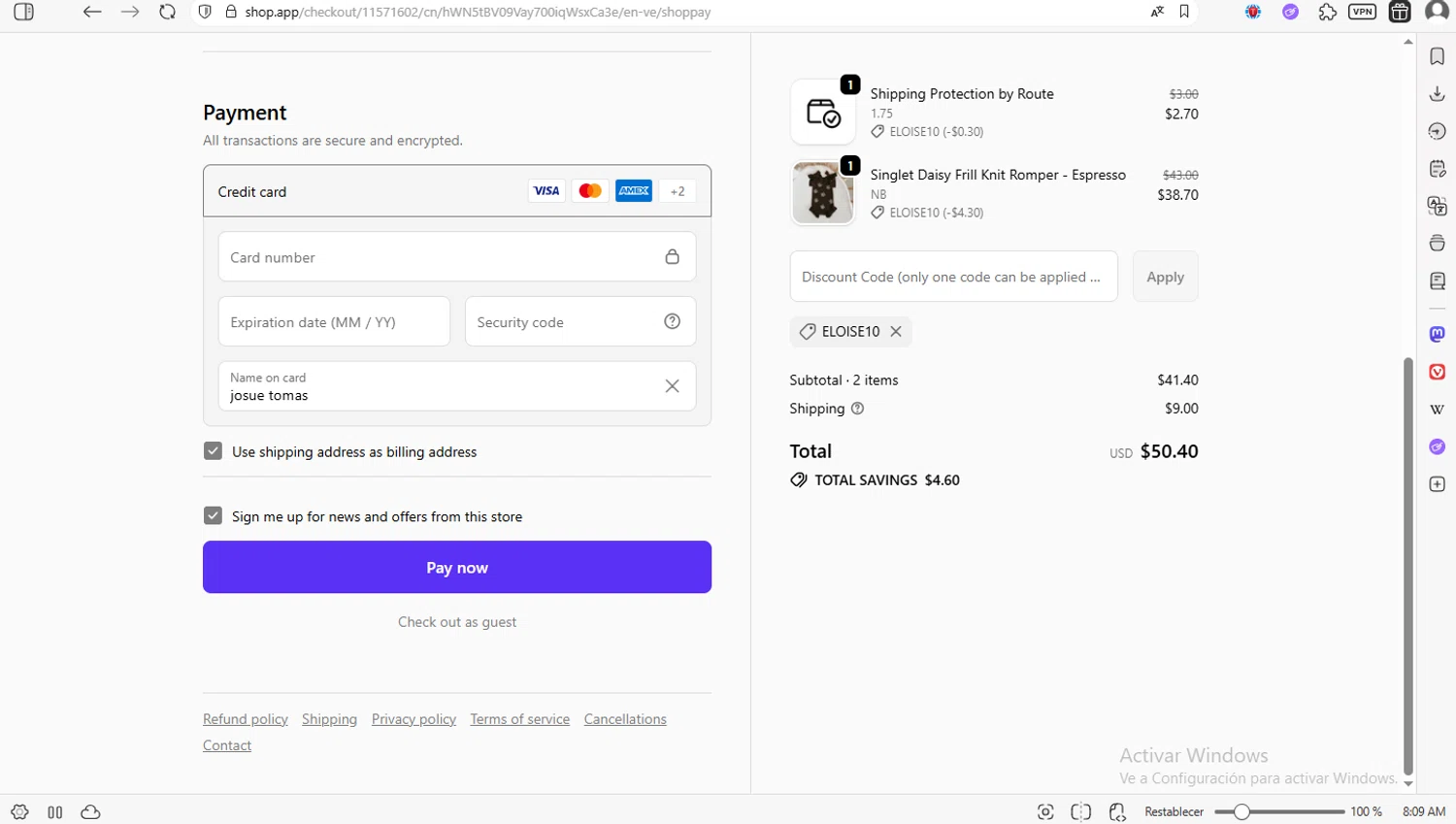 Blossom & Pear promo code screenshot showing code ELOISE10 applied at Blossom & Pear checkout page. Uploaded by SimplyCodes community member luissilva2 on Nov 30, 2025
