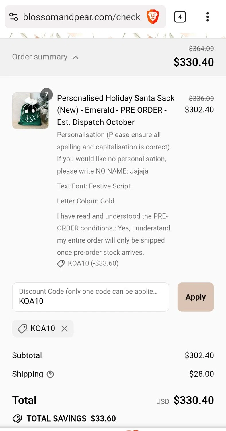 Blossom & Pear promo code screenshot showing code KOA10 applied at Blossom & Pear checkout page. Uploaded by SimplyCodes community member JuanMonge on Sep 2, 2025