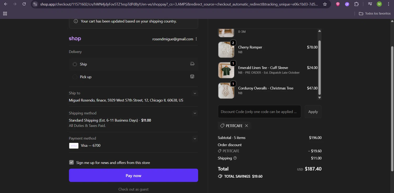 Blossom & Pear promo code screenshot showing code PETITCAFE applied at Blossom & Pear checkout page. Uploaded by SimplyCodes community member ScanHunter7116 on Oct 31, 2025