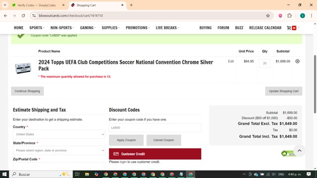 Blowout Cards checkout page showing Blowout Cards coupon code box | Screenshot taken by SimplyCodes community member on Aug 29, 2025