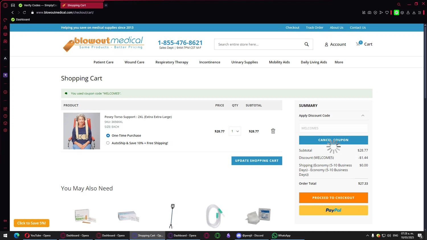 Blowout Medical discount code screenshot showing code WELCOME5 applied at Blowout Medical checkout page. Uploaded by SimplyCodes community member CuponEscobar on Mar 10, 2025