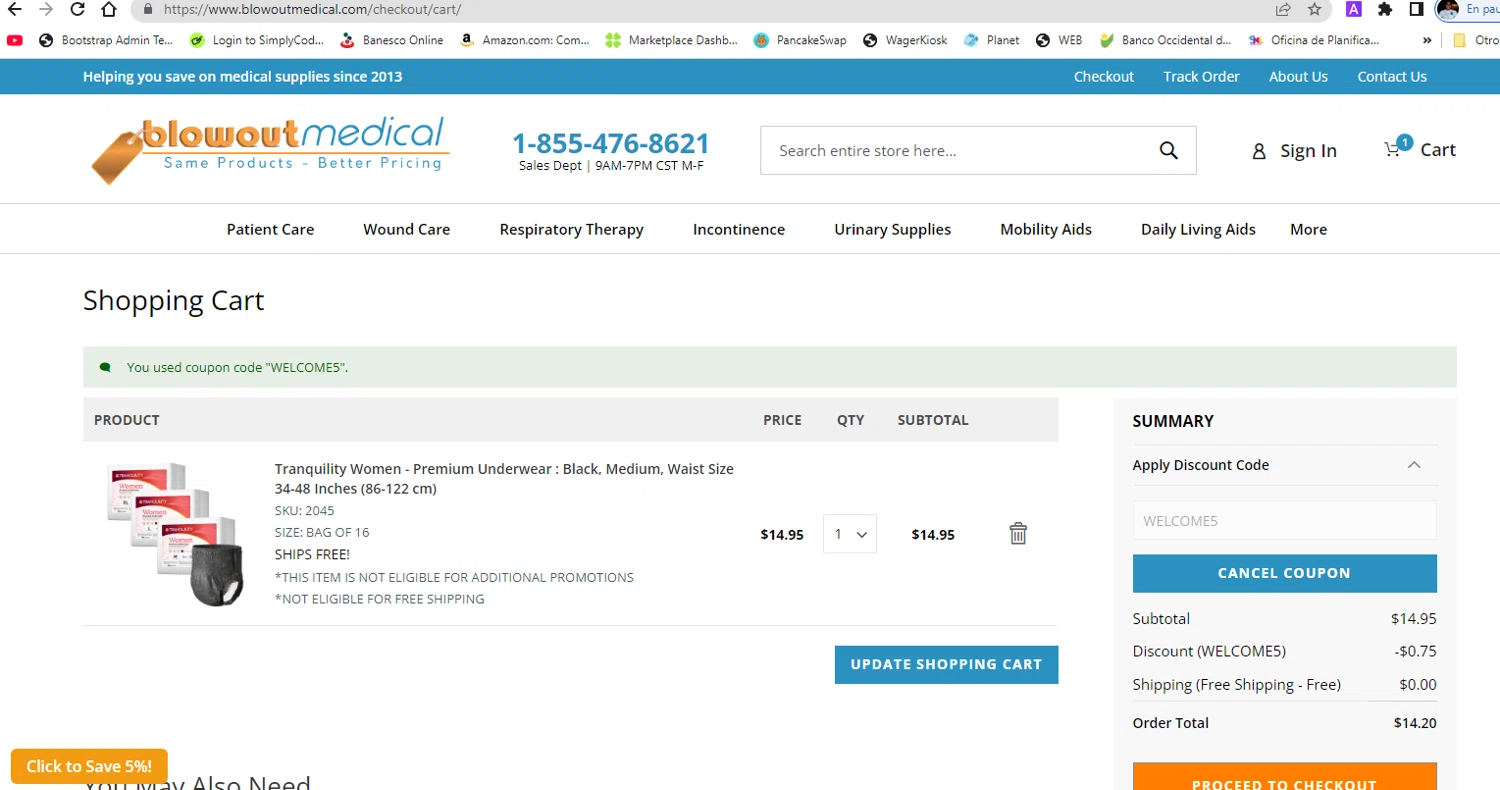 Blowout Medical discount code screenshot showing code WELCOME5 applied at Blowout Medical checkout page. Uploaded by SimplyCodes community member pollima on Jun 25, 2025