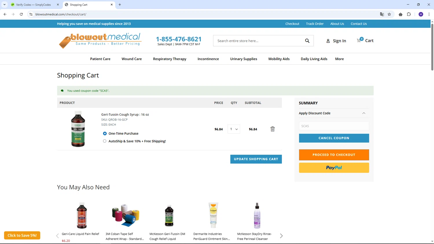 Blowout Medical discount code screenshot showing code SCA5 applied at Blowout Medical checkout page. Uploaded by SimplyCodes community member CRF250CC on Apr 14, 2025
