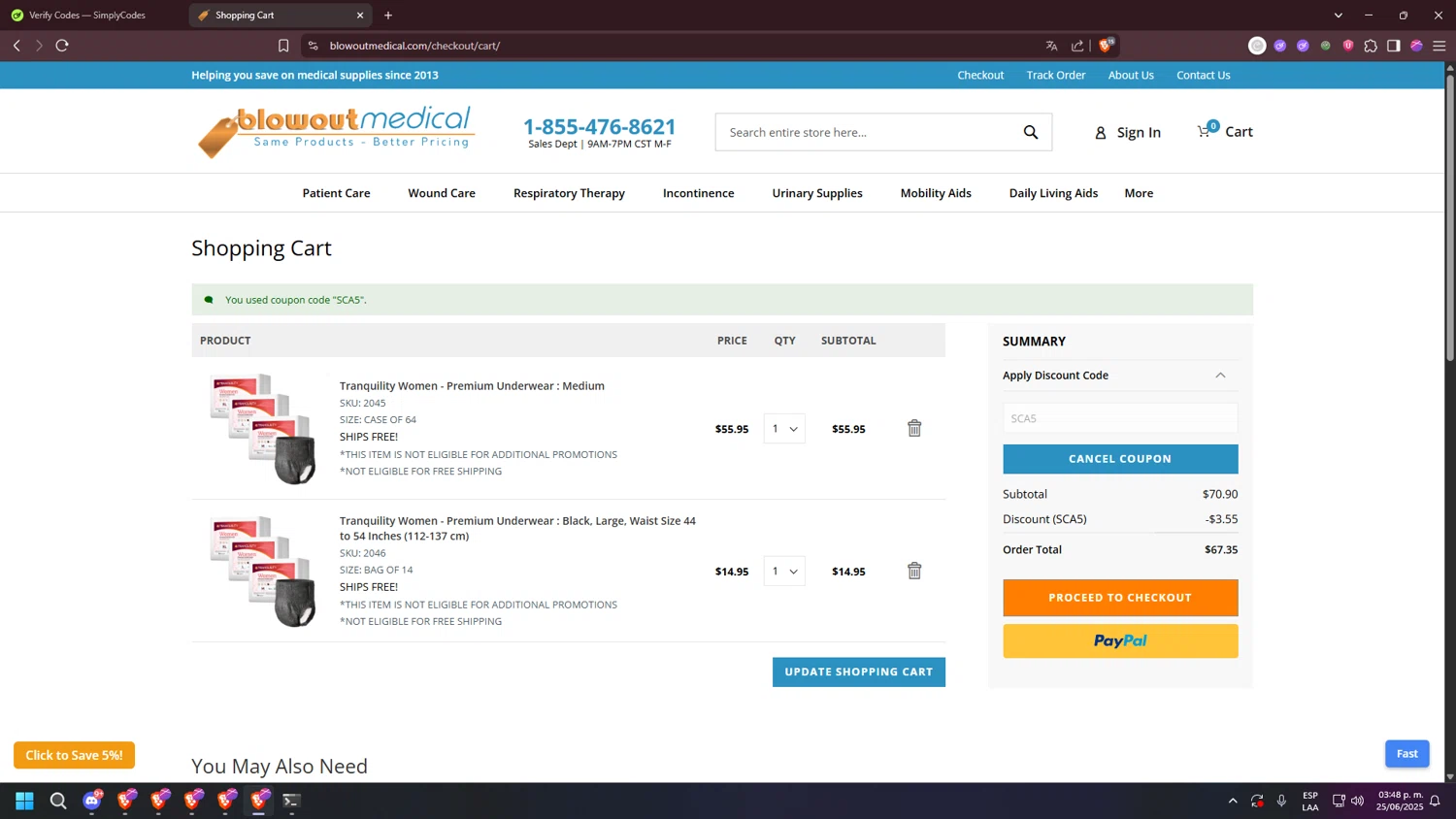 Blowout Medical discount code screenshot showing code SCA5 applied at Blowout Medical checkout page. Uploaded by SimplyCodes community member jakycham2020 on Jun 25, 2025
