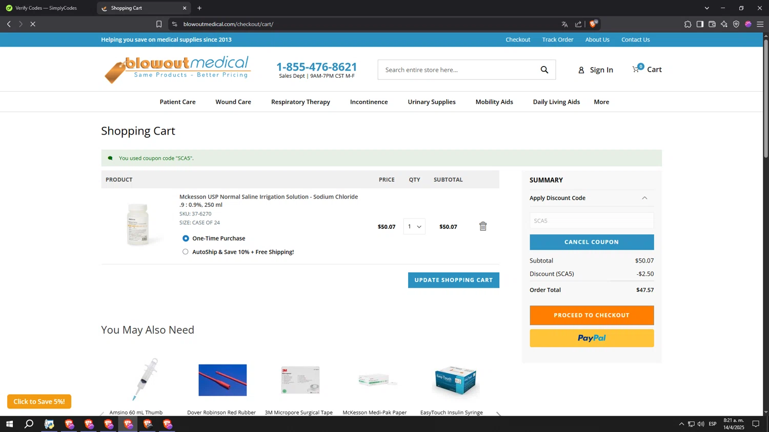 Blowout Medical discount code screenshot showing code SCA5 applied at Blowout Medical checkout page. Uploaded by SimplyCodes community member gggggggggggggggggggggg on Apr 14, 2025