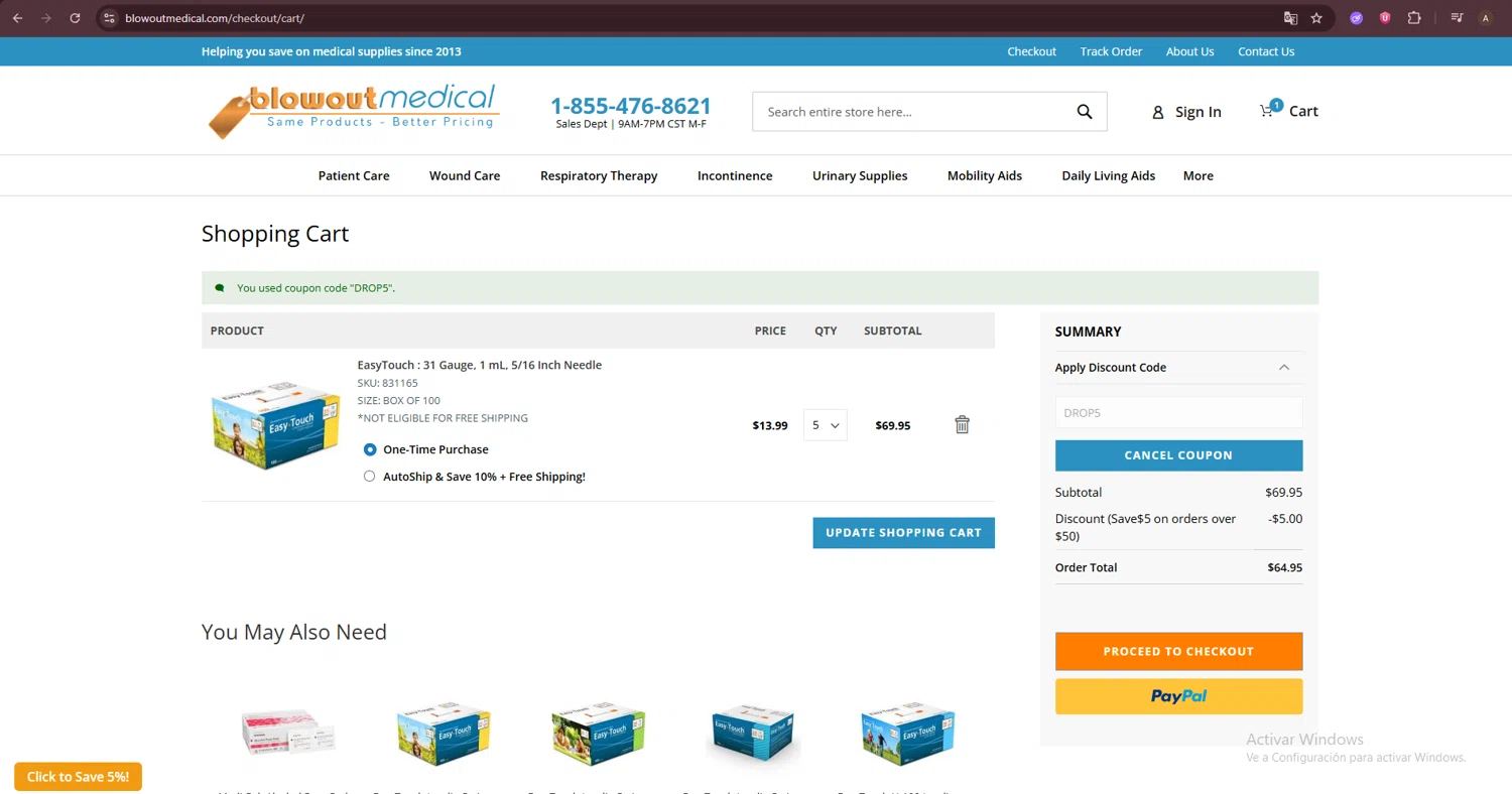 Blowout Medical discount code screenshot showing code DROP5 applied at Blowout Medical checkout page. Uploaded by SimplyCodes community member ShieldTiger5081 on Nov 24, 2025