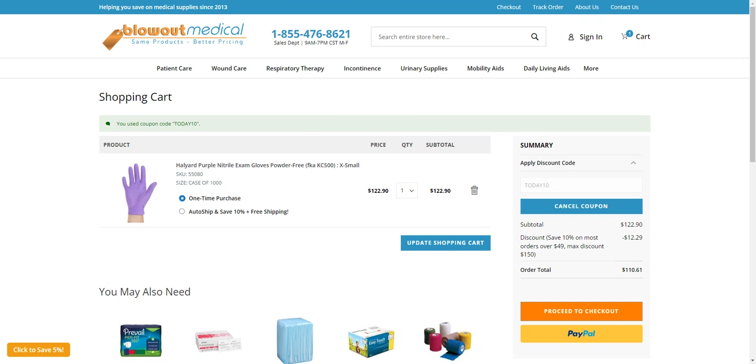 Blowout Medical discount code screenshot showing code TODAY10 applied at Blowout Medical checkout page. Uploaded by SimplyCodes community member ValiantAce1810 on Dec 16, 2025