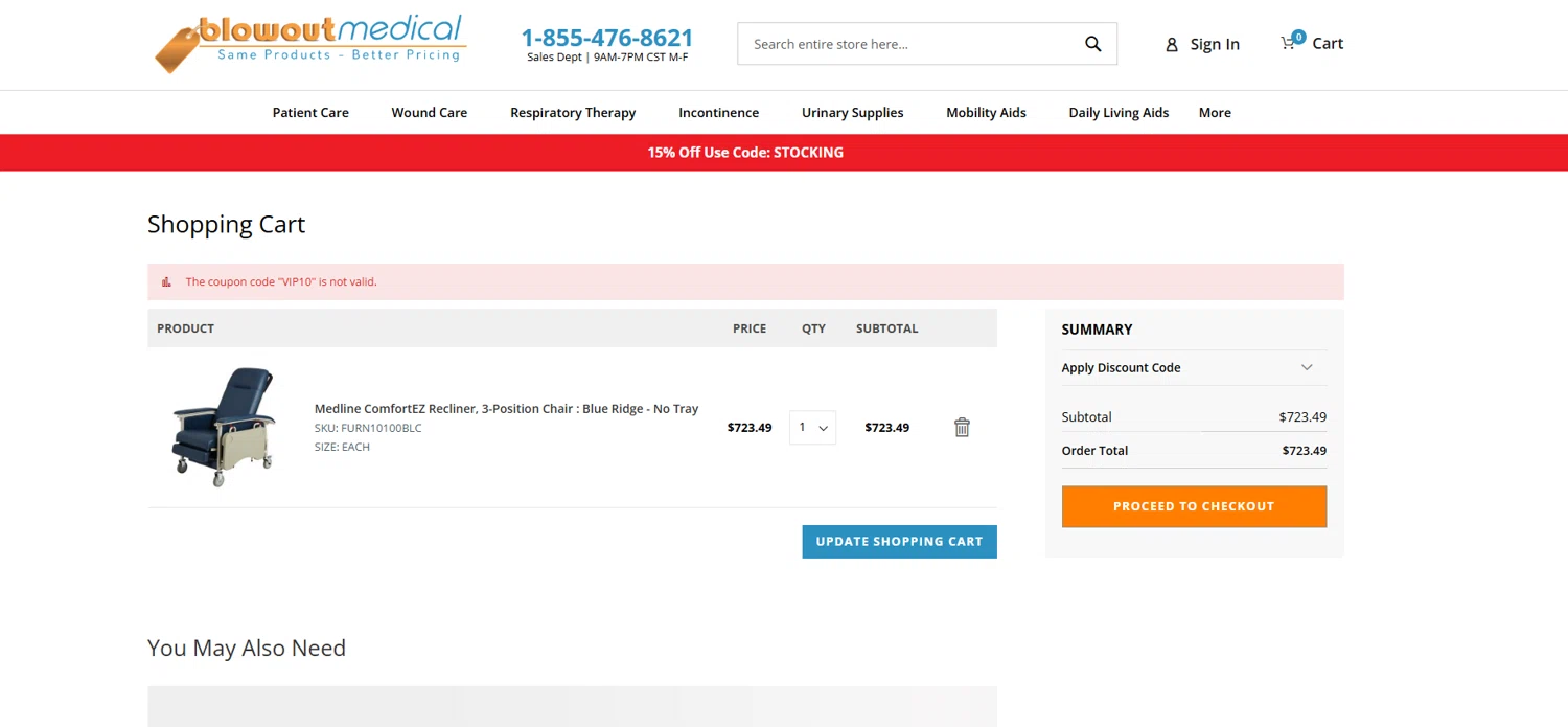 Blowout Medical discount code screenshot showing code VIP10 applied at Blowout Medical checkout page. Uploaded by SimplyCodes community member kurcovein on Dec 26, 2025