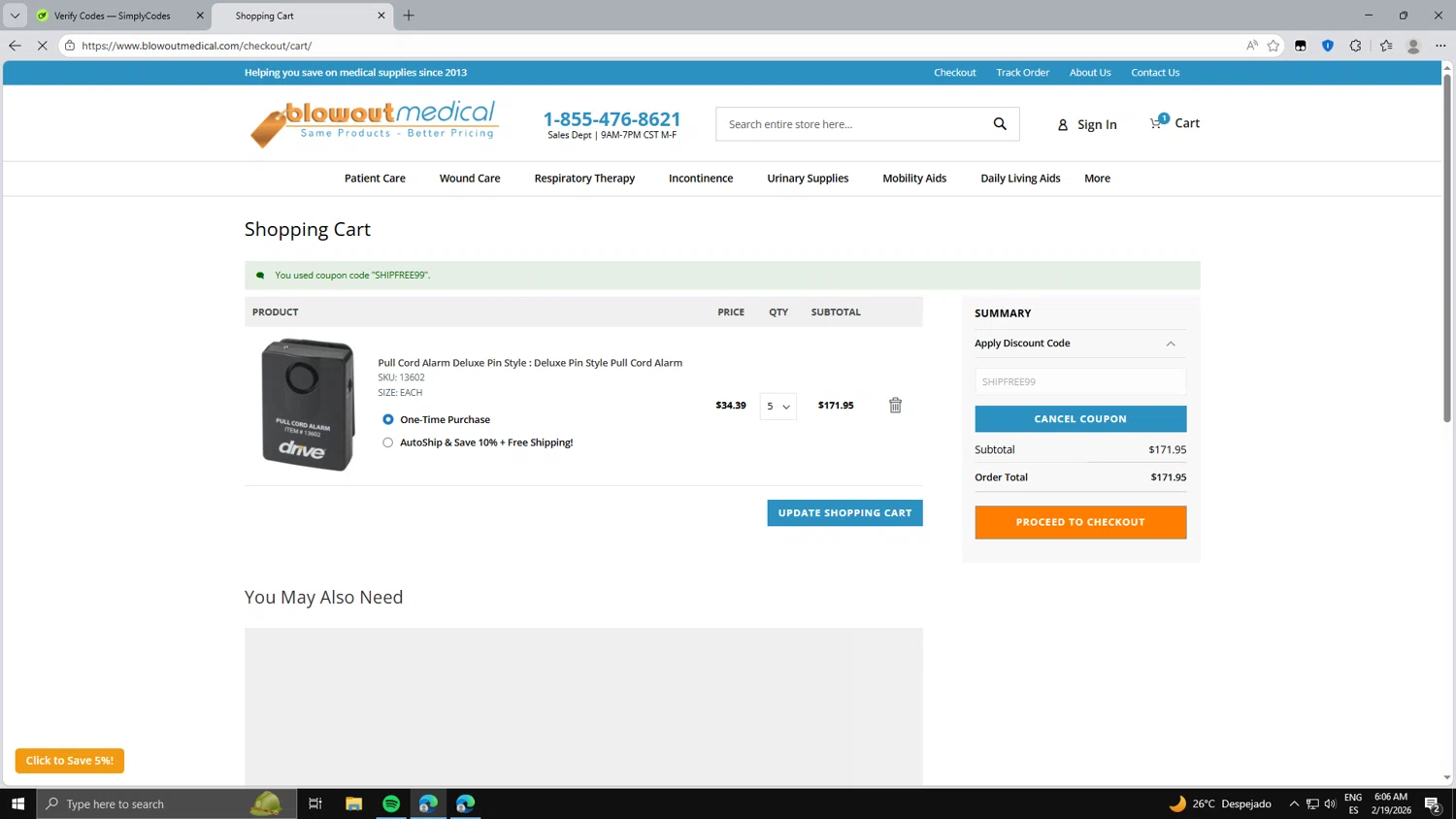 Blowout Medical checkout page showing Blowout Medical discount code box | Screenshot taken by SimplyCodes community member on Feb 19, 2026
