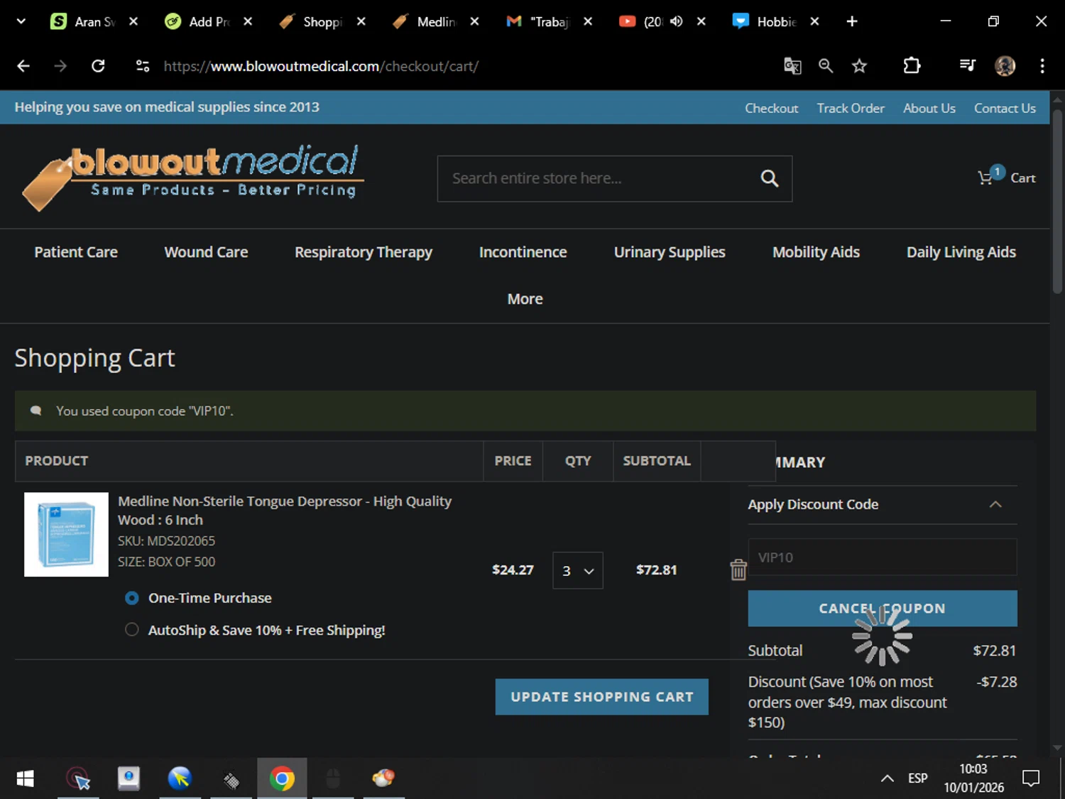 Blowout Medical discount code screenshot showing code VIP10 applied at Blowout Medical checkout page. Uploaded by SimplyCodes community member MarcosAranguren on Jan 10, 2026