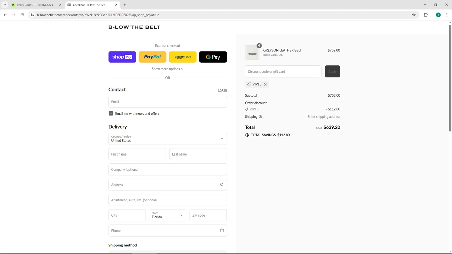 B-Low The Belt discount code screenshot showing code VIP15 applied at B-Low The Belt checkout page. Uploaded by SimplyCodes community member HEROESCUDA on Aug 3, 2025