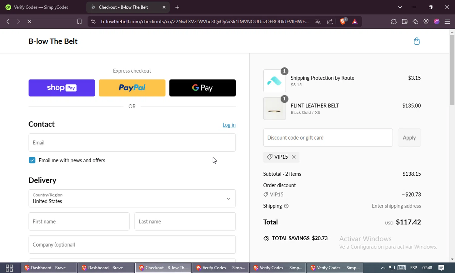 B-Low The Belt discount code screenshot showing code VIP15 applied at B-Low The Belt checkout page. Uploaded by SimplyCodes community member holaquetal on Feb 20, 2025