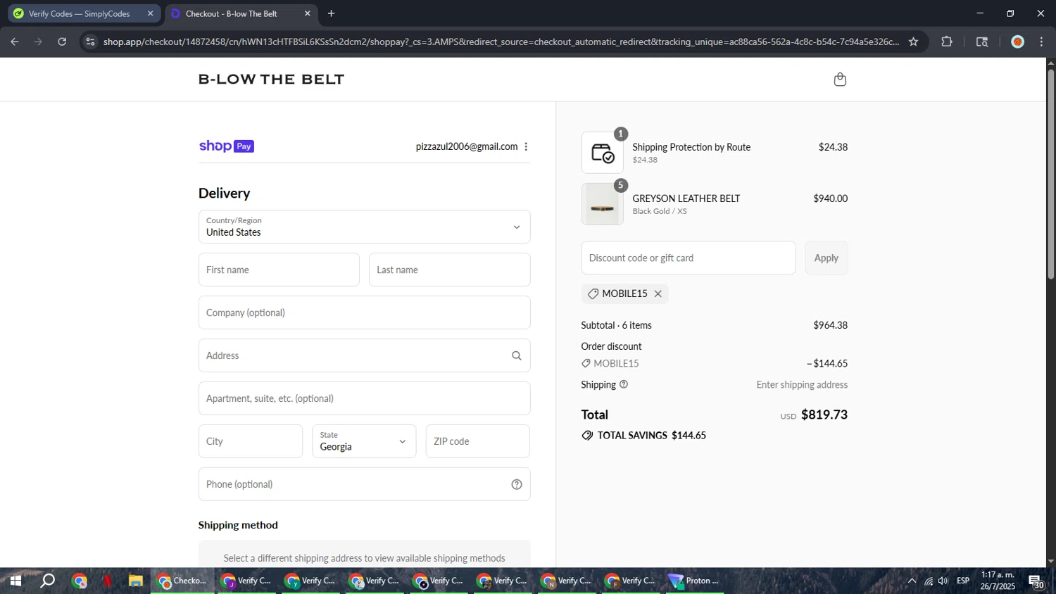 B-Low The Belt discount code screenshot showing code MOBILE15 applied at B-Low The Belt checkout page. Uploaded by SimplyCodes community member BonusCaptain9927 on Jul 26, 2025