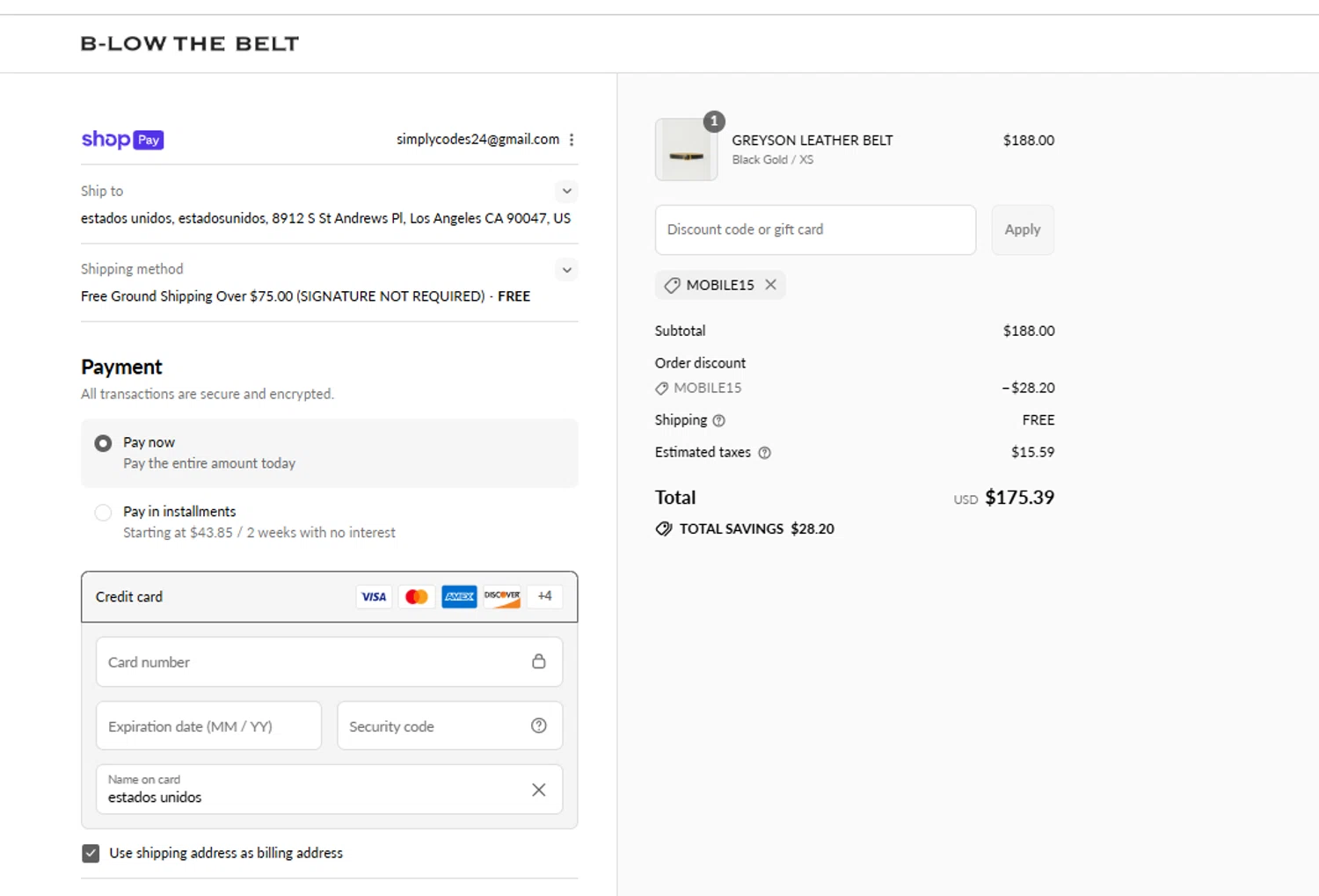 B-Low The Belt discount code screenshot showing code MOBILE15 applied at B-Low The Belt checkout page. Uploaded by SimplyCodes community member CoinChaser799 on Jul 26, 2025
