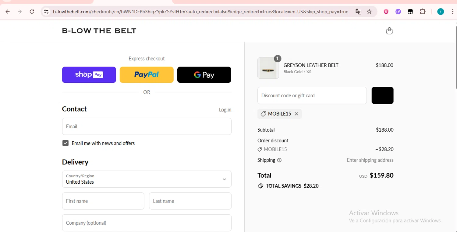 B-Low The Belt discount code screenshot showing code MOBILE15 applied at B-Low The Belt checkout page. Uploaded by SimplyCodes community member LAZURDINHA on Jul 30, 2025