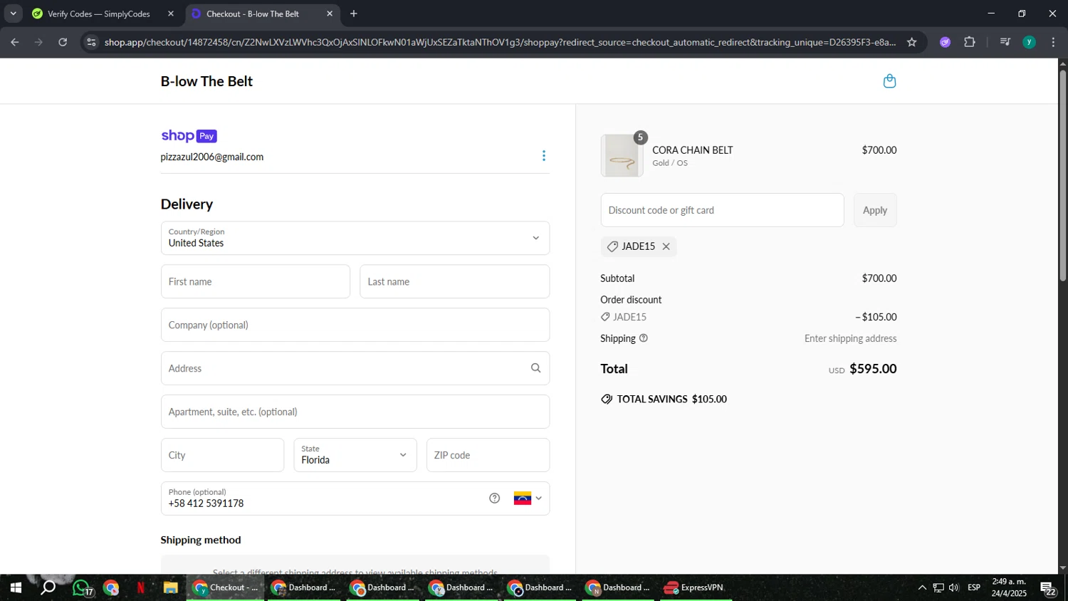 B-Low The Belt discount code screenshot showing code jade15 applied at B-Low The Belt checkout page. Uploaded by SimplyCodes community member FrugalCaptain6906 on Apr 24, 2025