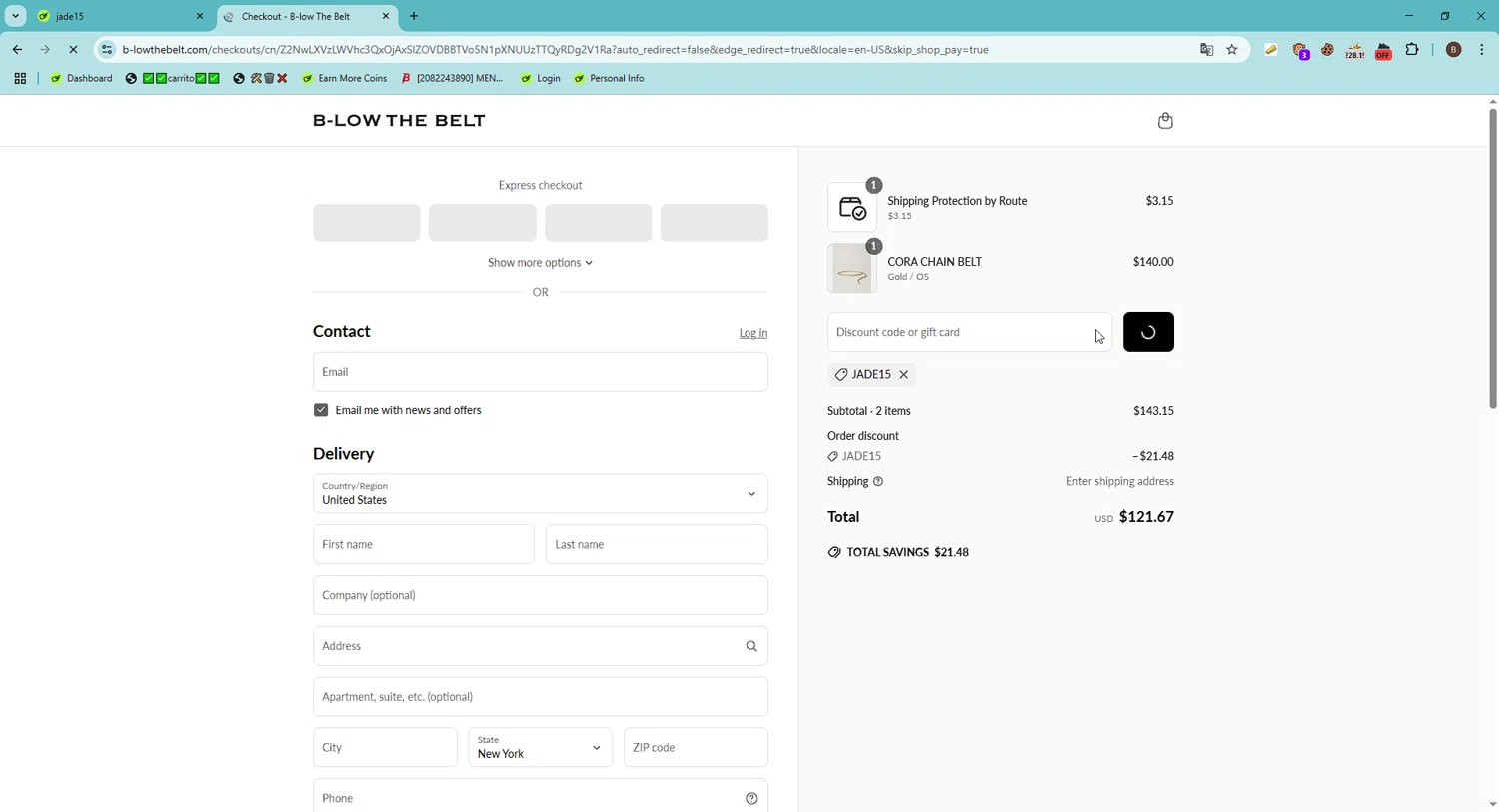 B-Low The Belt discount code screenshot showing code jade15 applied at B-Low The Belt checkout page. Uploaded by SimplyCodes community member FrugalShopper1585 on May 20, 2025