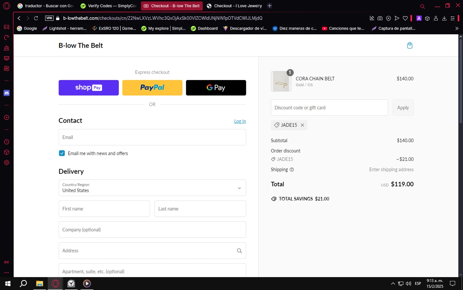 B-Low The Belt discount code screenshot showing code jade15 applied at B-Low The Belt checkout page. Uploaded by SimplyCodes community member PrimeVirtuoso9679 on Feb 15, 2025