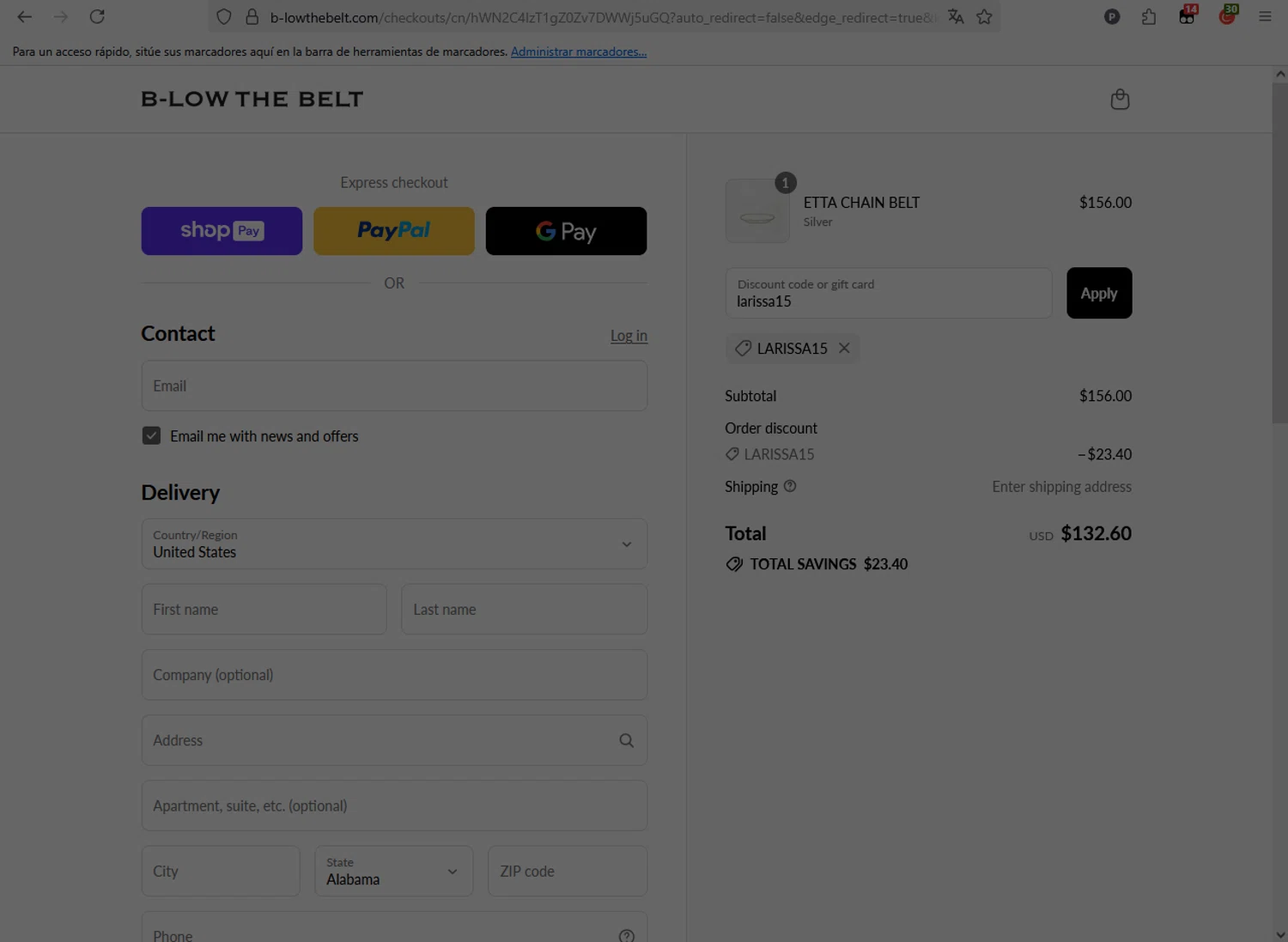 B-Low The Belt discount code screenshot showing code larissa15 applied at B-Low The Belt checkout page. Uploaded by SimplyCodes community member CleverFox1674 on Aug 25, 2025