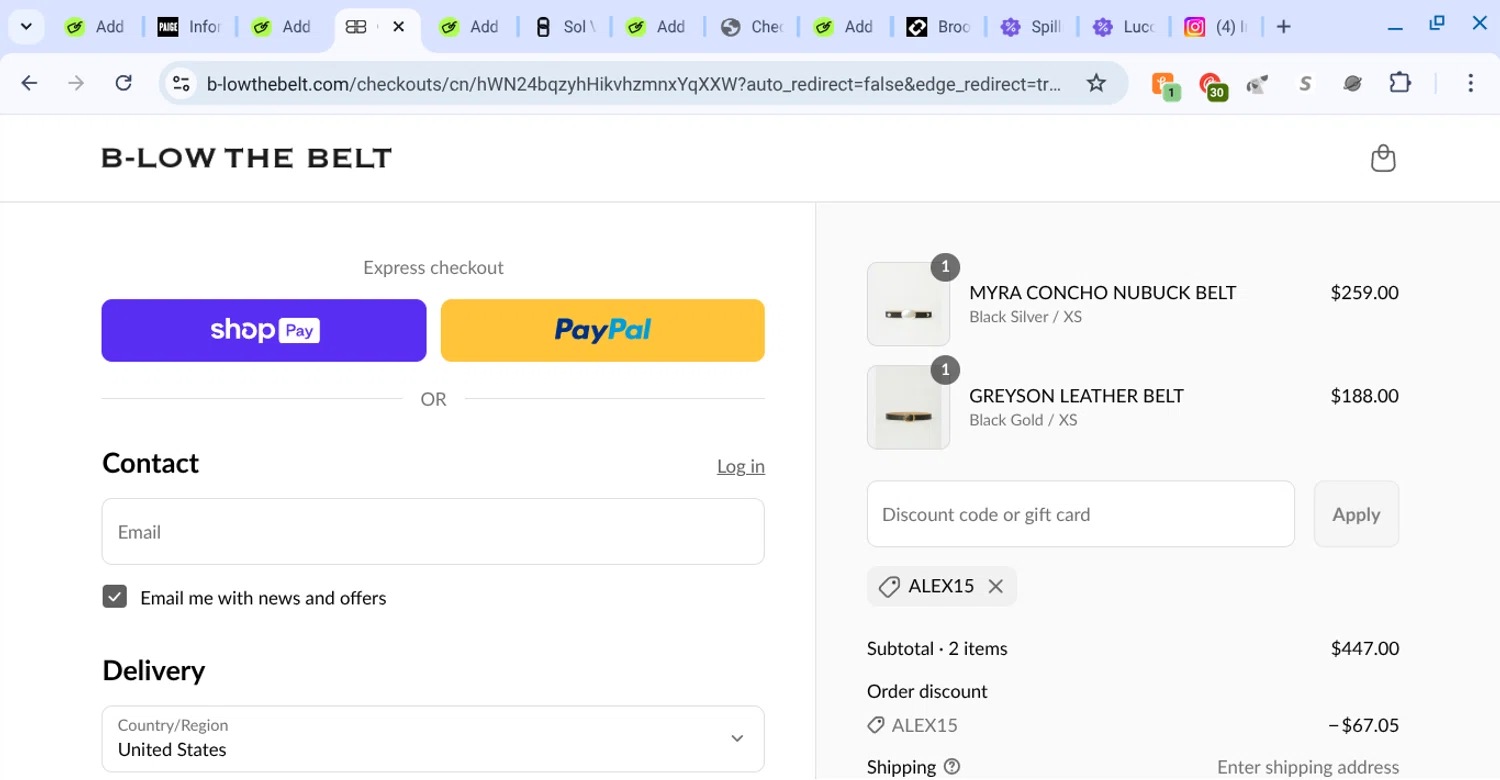 B-Low The Belt discount code screenshot showing code alex15 applied at B-Low The Belt checkout page. Uploaded by SimplyCodes community member KarinaHZ on Aug 21, 2025