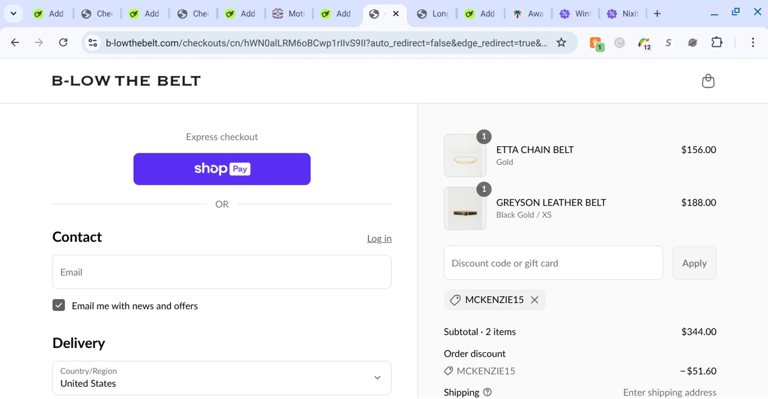B-Low The Belt discount code screenshot showing code mckenzie15 applied at B-Low The Belt checkout page. Uploaded by SimplyCodes community member KarinaHZ on Jul 22, 2025