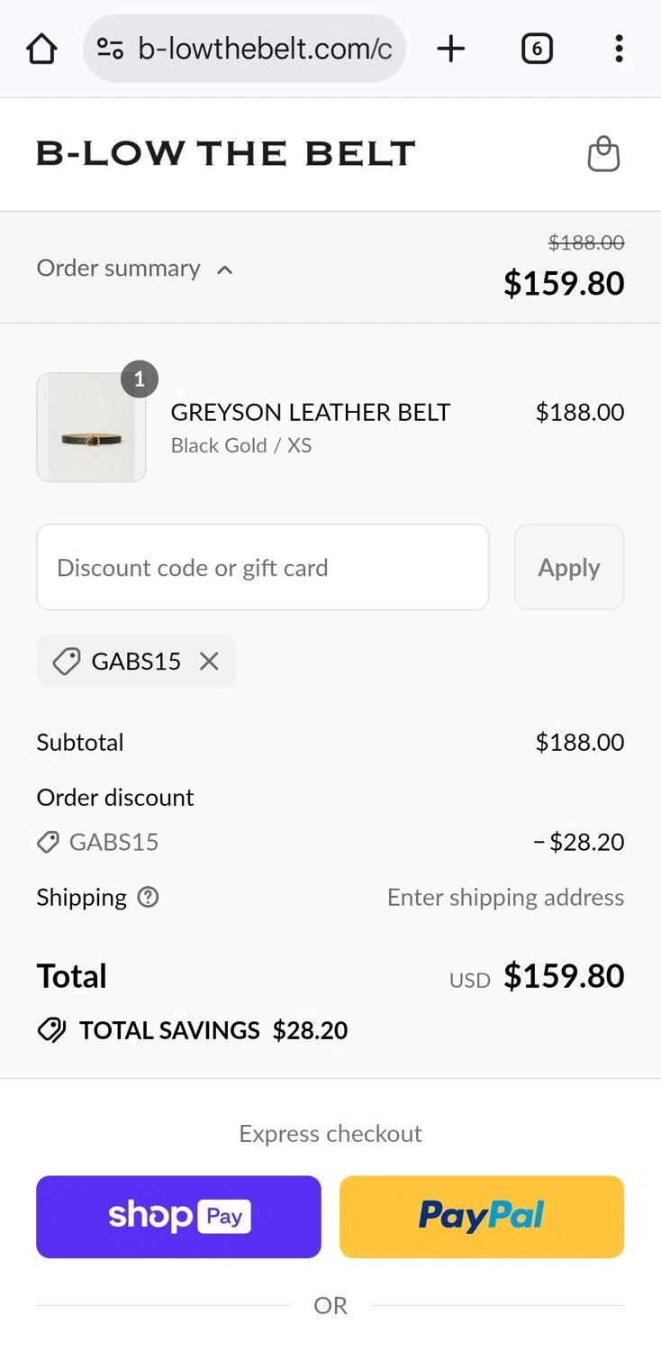B-Low The Belt discount code screenshot showing code GABS15 applied at B-Low The Belt checkout page. Uploaded by SimplyCodes community member KarinaHZ on Jul 28, 2025