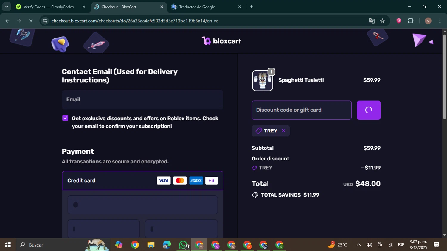 BloxCart discount code screenshot showing code TREY applied at BloxCart checkout page. Uploaded by SimplyCodes community member NobleExpert6497 on Dec 4, 2025