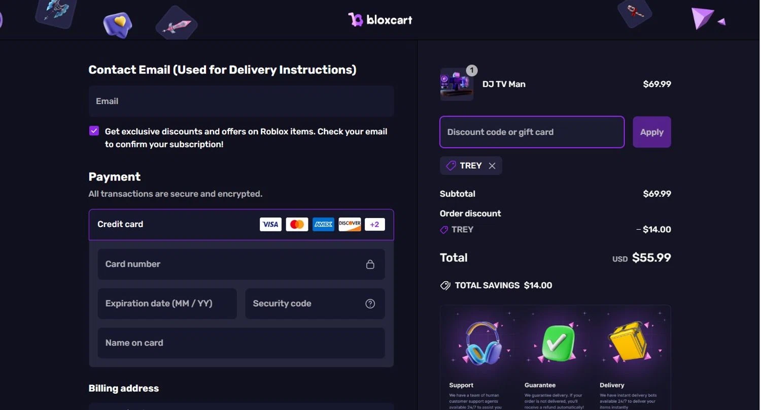 BloxCart discount code screenshot showing code TREY applied at BloxCart checkout page. Uploaded by SimplyCodes community member PennyHero5335 on Mar 24, 2025