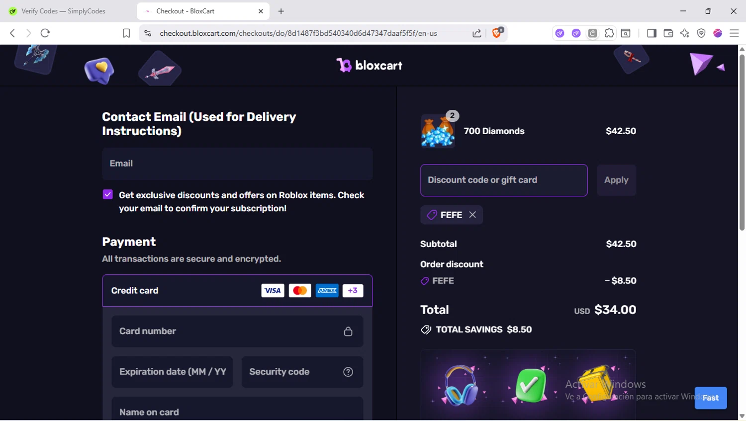 BloxCart discount code screenshot showing code FEFE applied at BloxCart checkout page. Uploaded by SimplyCodes community member SapeGato on Sep 15, 2025