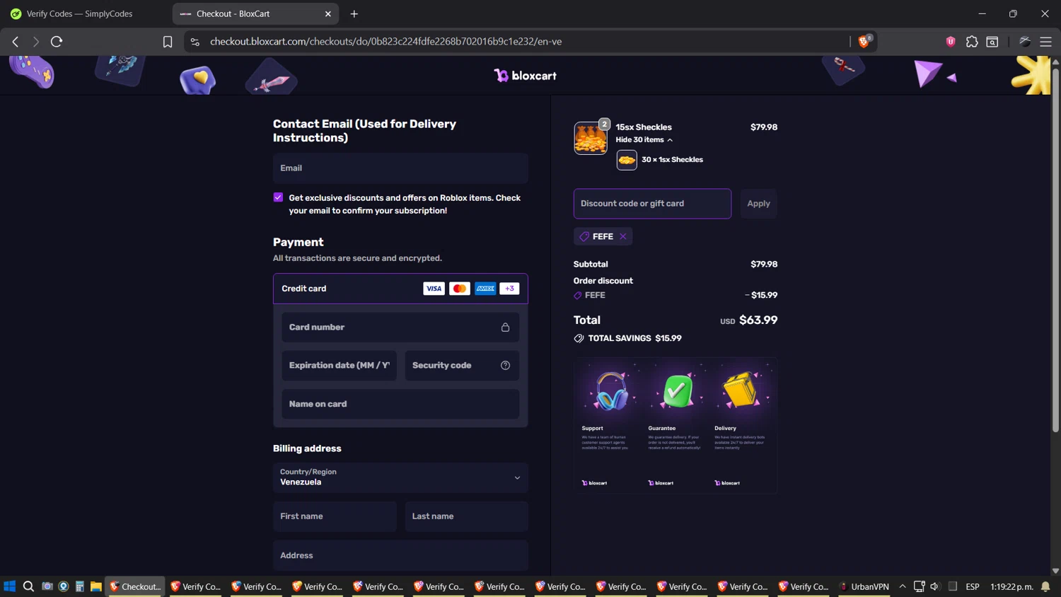 BloxCart discount code screenshot showing code FEFE applied at BloxCart checkout page. Uploaded by SimplyCodes community member SimplyGOAT on Oct 17, 2025