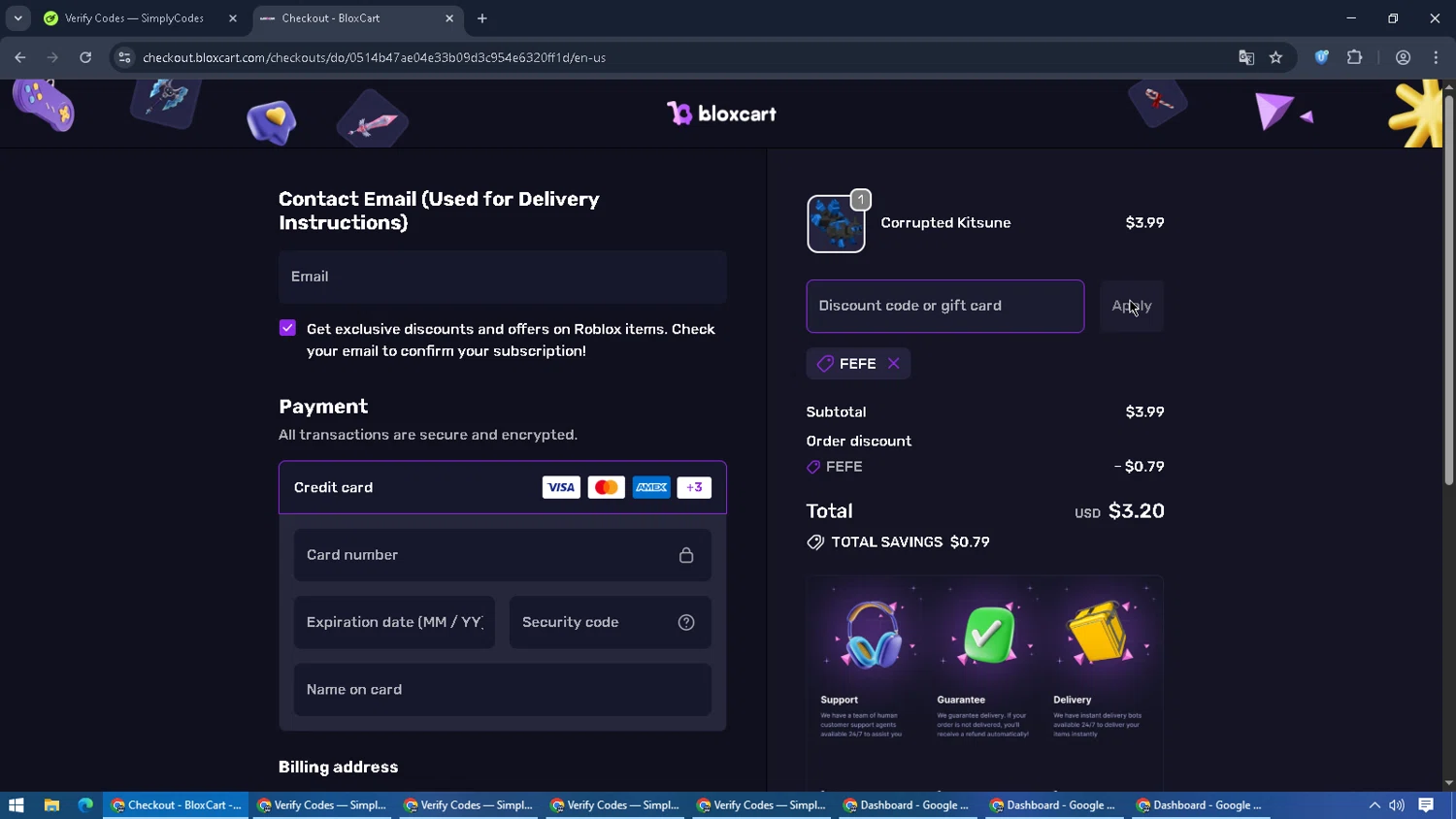 BloxCart discount code screenshot showing code FEFE applied at BloxCart checkout page. Uploaded by SimplyCodes community member jorgeyahoo on Oct 26, 2025
