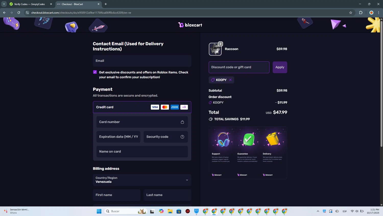 BloxCart discount code screenshot showing code KOOPY applied at BloxCart checkout page. Uploaded by SimplyCodes community member USERR1 on Oct 17, 2025